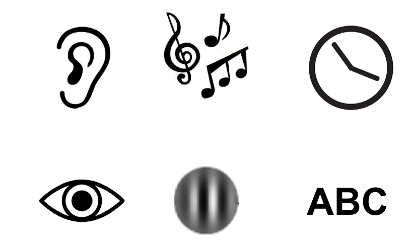 A picture showing objects that we can perceive with our eyes and ears, such as music, time, eye, black and white patterns and letters. 